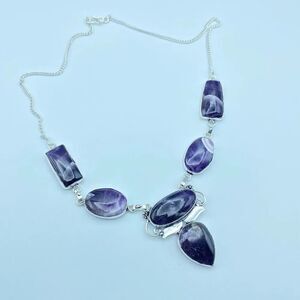 Banded Amethyst Silver Necklace Boho